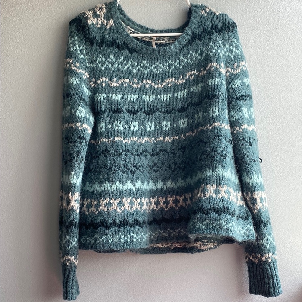 Free People Blue and White Crew Neck Sweater